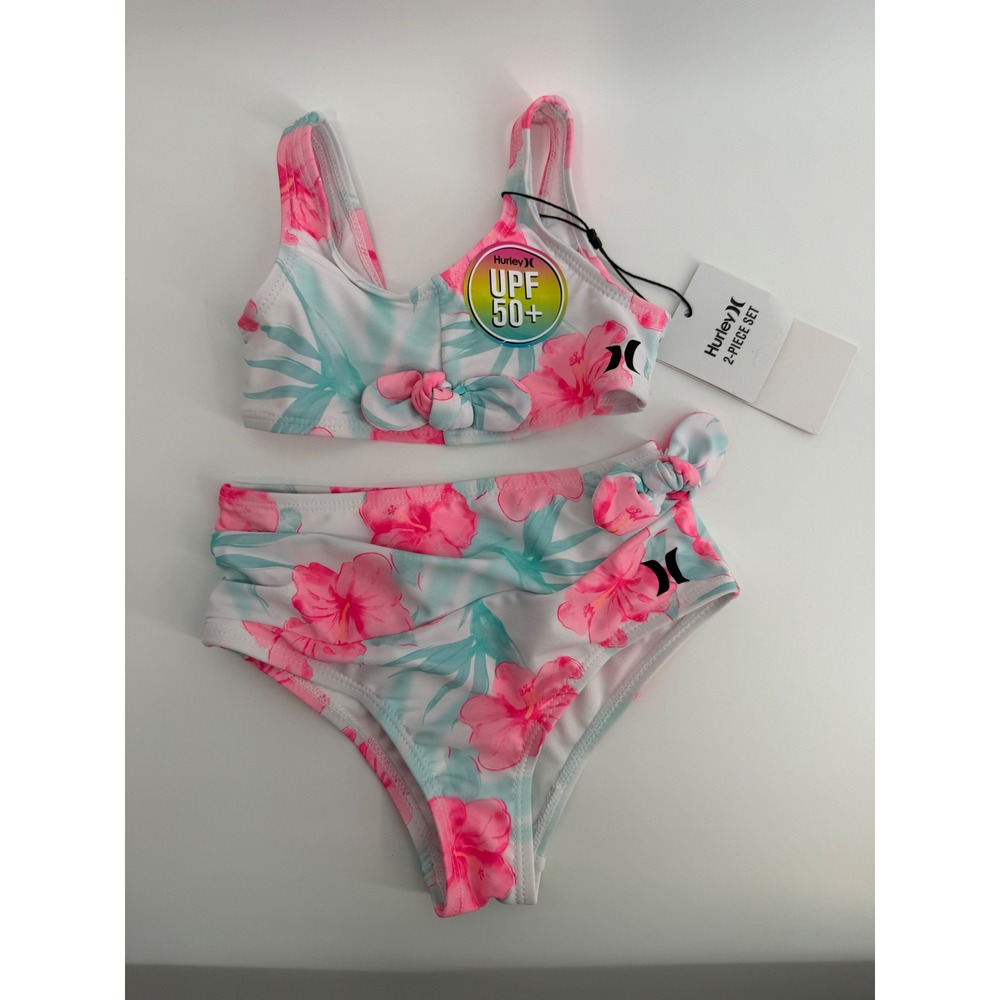Hurley Bikini Toddler girls 2T two piece floral logo bows pink blue NWT